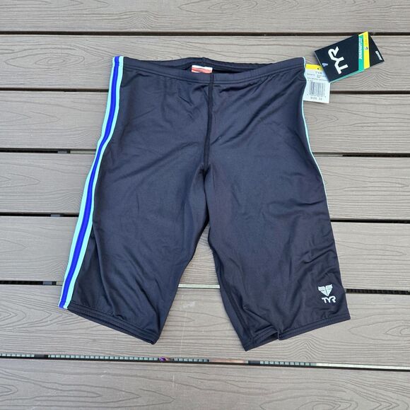 TYR Durafast Lite Mens Solid Brites Jammer Swimsuit Drawstring Black Blue 32 New - Picture 1 of 3